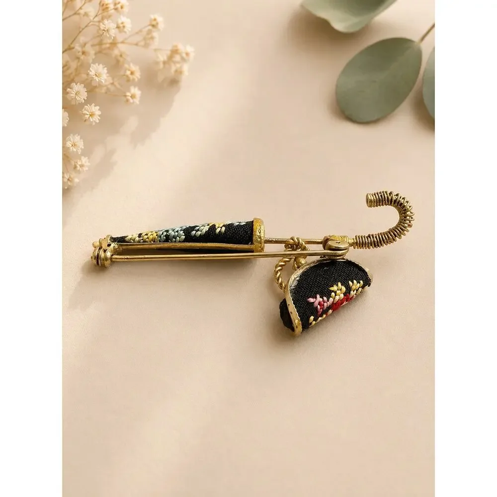 Vintage brooch miniature embroidered purse and umbrella